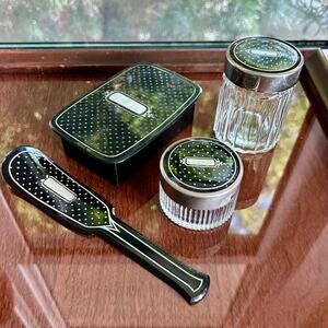 Vintage Black Vanity Dresser Set Glass Jars Brush Hinged Box